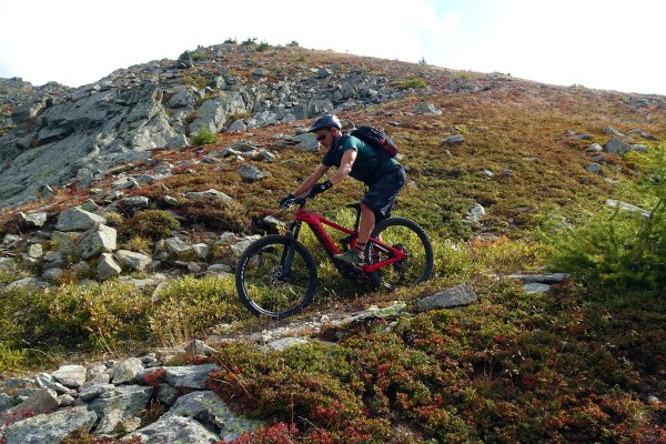 un biker affronta un sentiero in discesa sulla roccia