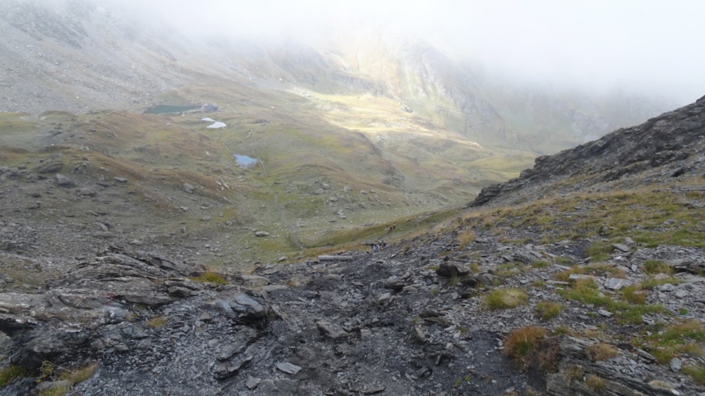 un laghetto di montagna verde alle pendici di un gruppo montuoso