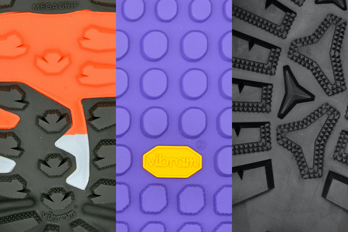 particolare di tre suole per calzature da montagna e mountain bike