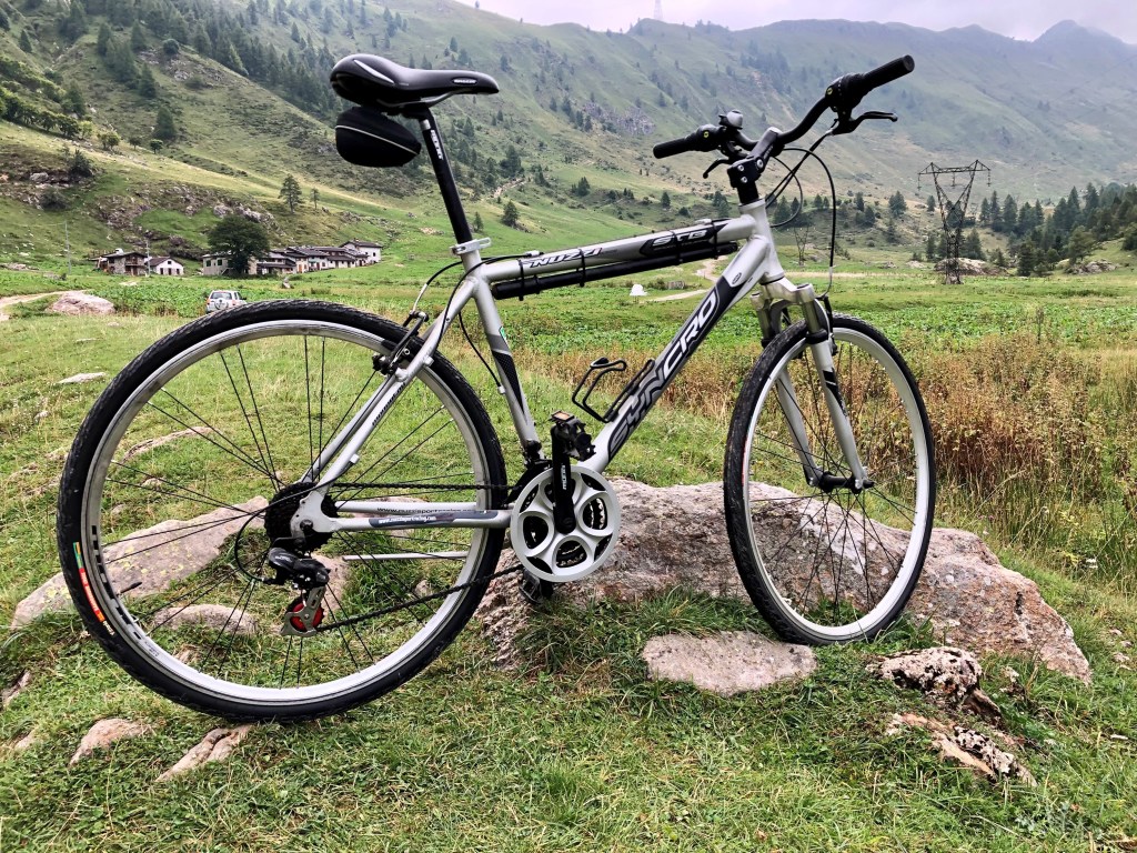 una bicicletta da passeggio con sullo sfondo un panorama di montagna