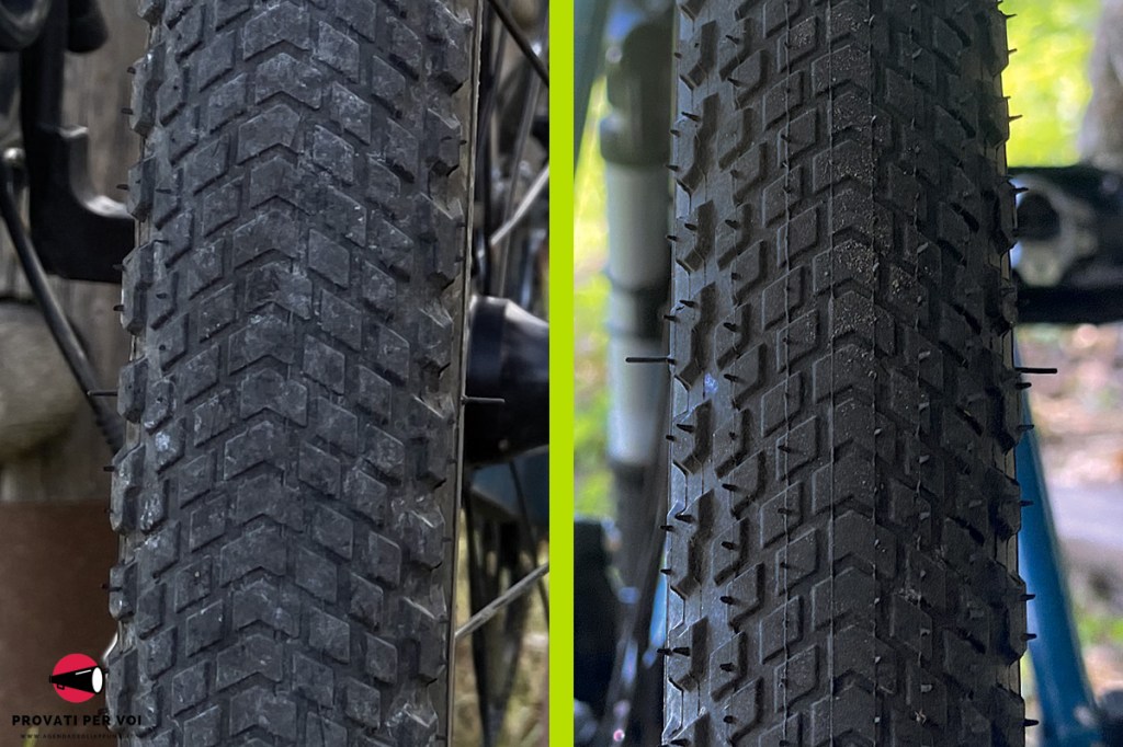 L'immagine mostra lo stesso pneumatico di colore nero all'inizio del test e dopo 1200 km