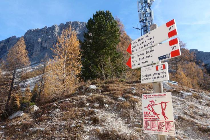 una palina segnavia con indicazioni e cartelli informativi in primo piano, larici e conifere e una montagna sullo sfondo si staglia sul cielo azzurro