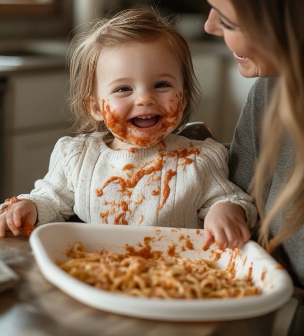 una bambina neonata con il viso sporco di salsa di pomodoro raccoglie la pasta da un piatto con le mani
