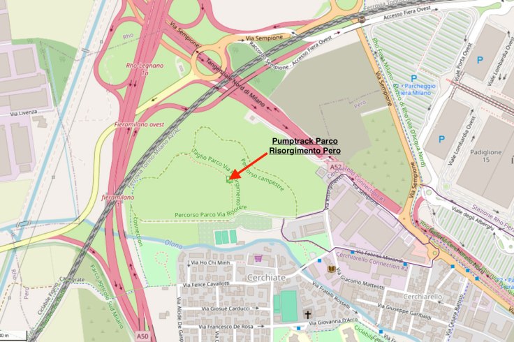 come arrivare al nuovo circuito pumptrack installato a Cerchiate di Pero all'interno del Parco di Via Risorgimento