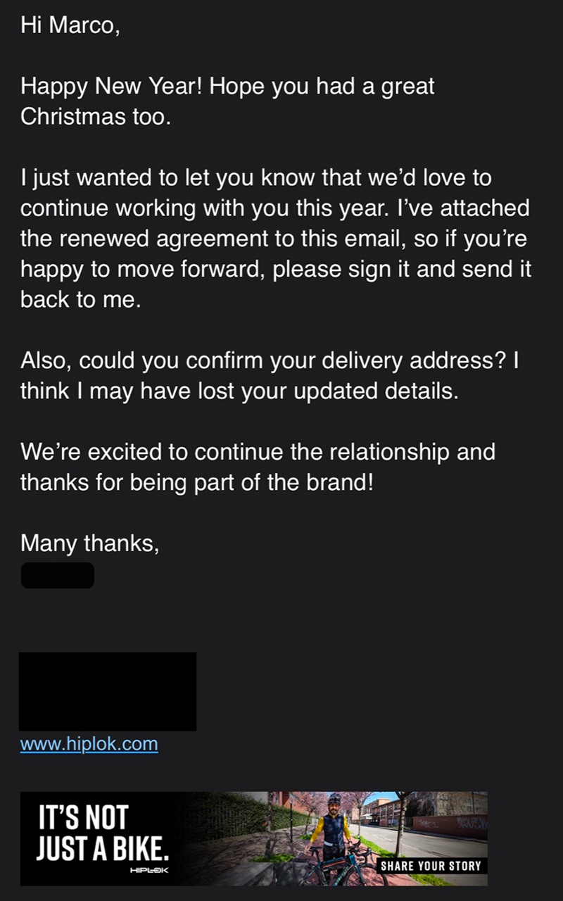 Screenshot email rinnovo collaborazione Hiplok 2026