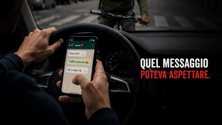 infografica per la sicurezza stradale dove un ciclista sta per essere investito da un automobilista che utilizza il cellulare per guida per rispondere ad un messaggio WhatsApp. immagine creata con AI
