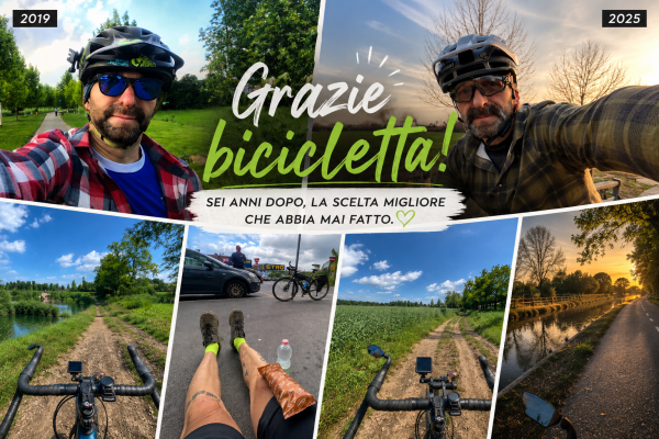 Confronto fotografico tra il 2019 e il 2025 durante spostamenti in bicicletta, con immagini di ciclismo quotidiano, percorsi lungo i canali e pendolarismo in bici.