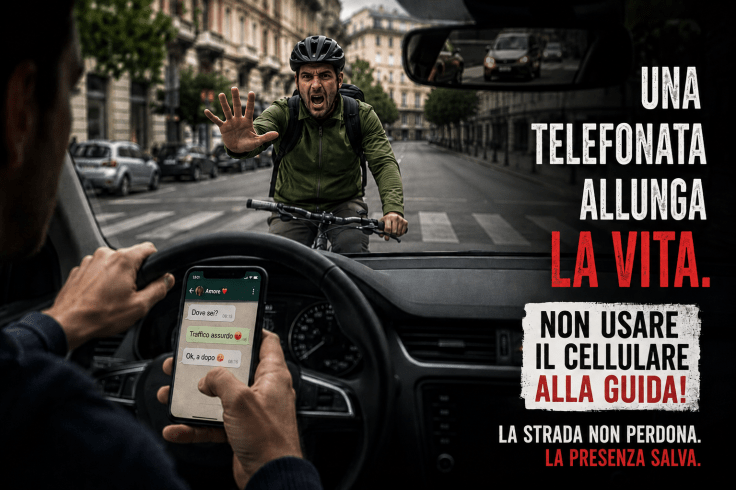 infografica per la sicurezza stradale dove un ciclista sta per essere investito da un automobilista che utilizza il cellulare per guida per rispondere ad un messaggio WhatsApp. immagine creata con AI