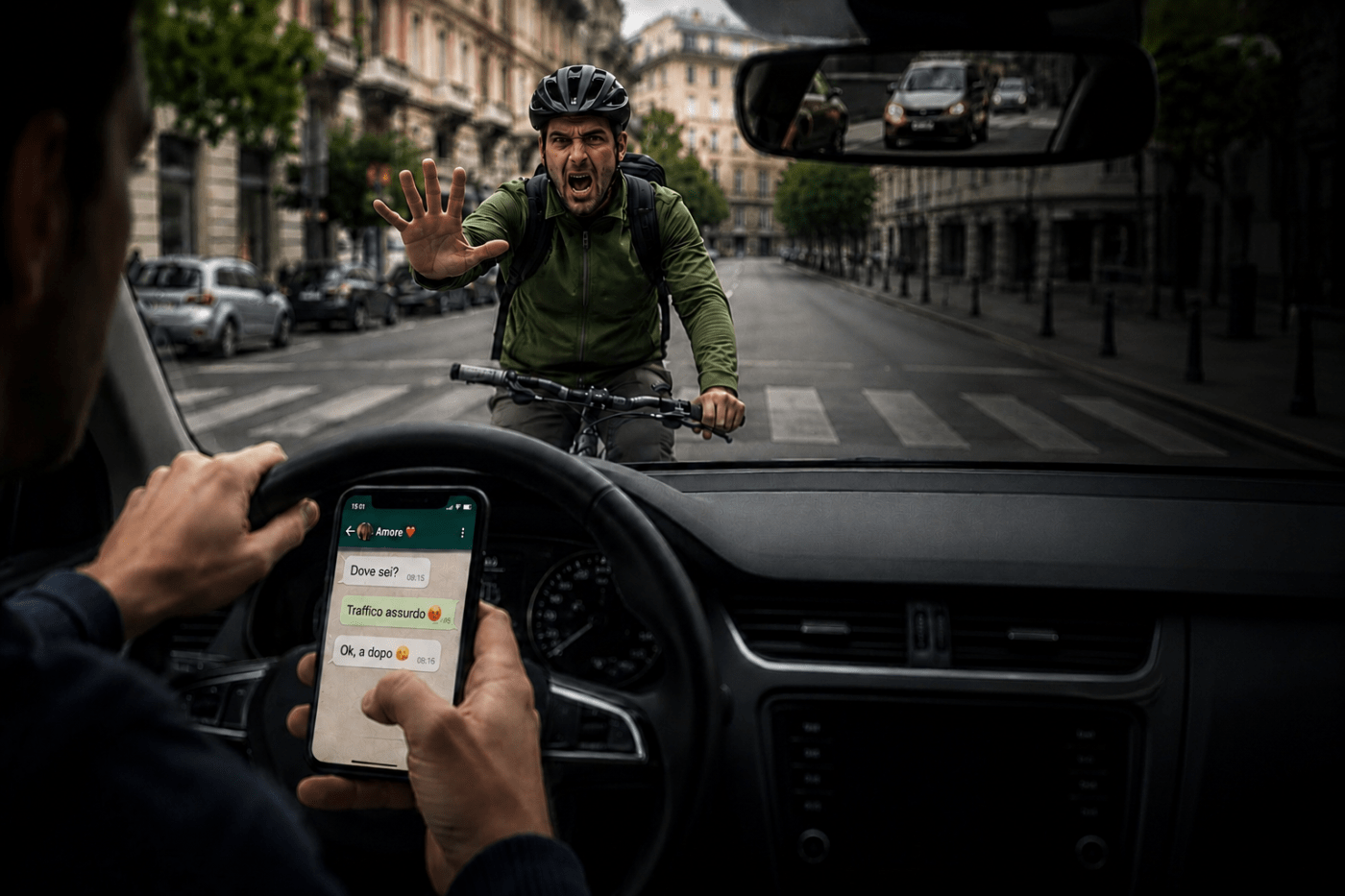 un ciclista cerca di fermare con la mano un autoveicolo in contromano che lo sta per investire mentre il conducente sta rispondendo ad un messaggio WhatsApp mentre si trova alla guida del veicolo stesso. Immagine creata con AI.