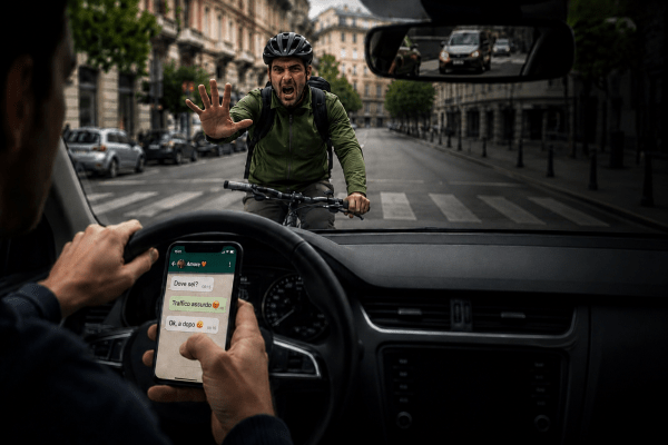 un ciclista cerca di fermare con la mano un autoveicolo in contromano che lo sta per investire mentre il conducente sta rispondendo ad un messaggio WhatsApp mentre si trova alla guida del veicolo stesso. Immagine creata con AI.