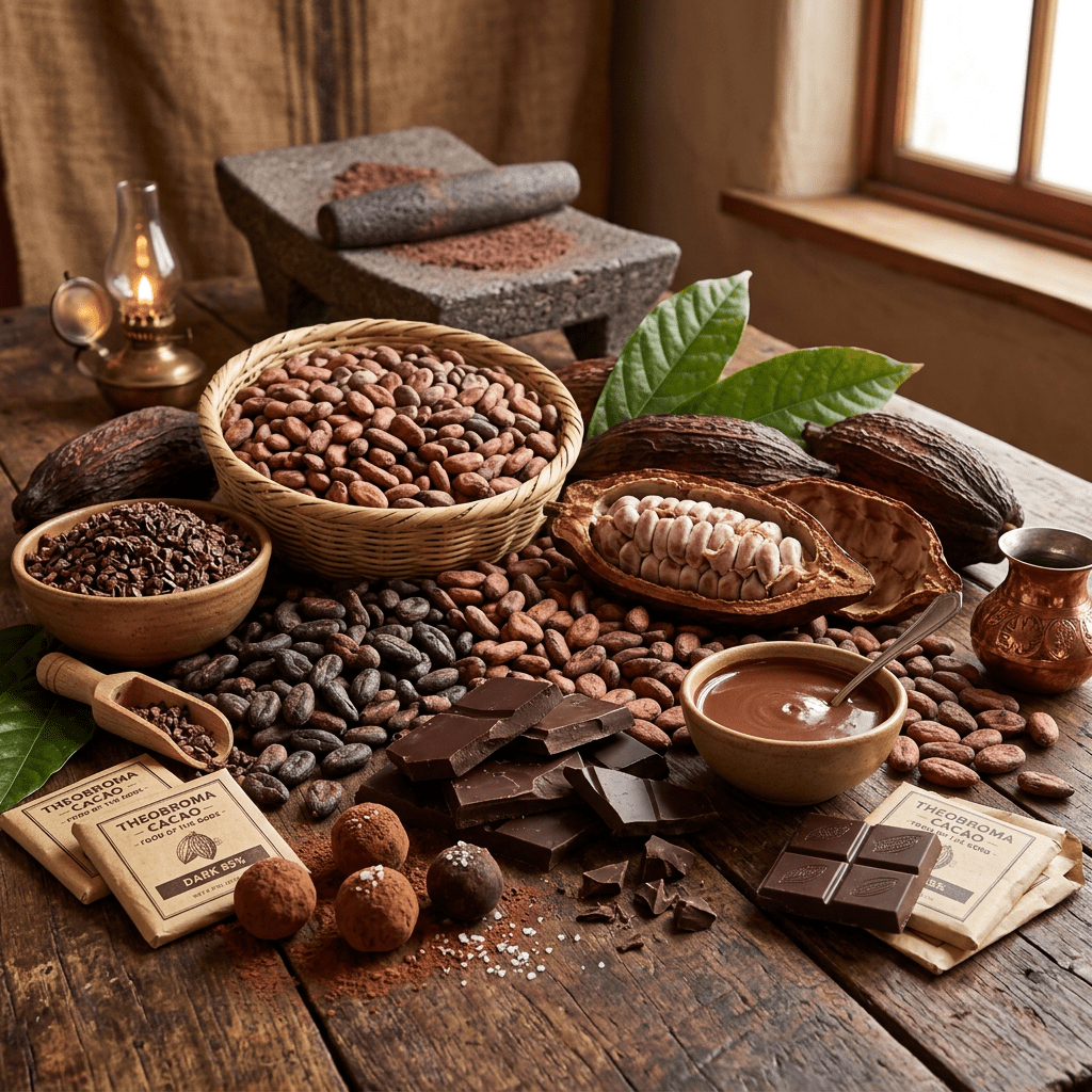 Various forms of cacao including raw beans, cocoa nibs, chocolate bars, truffles, a bowl of melted chocolate, cacao pods, and grinding stone