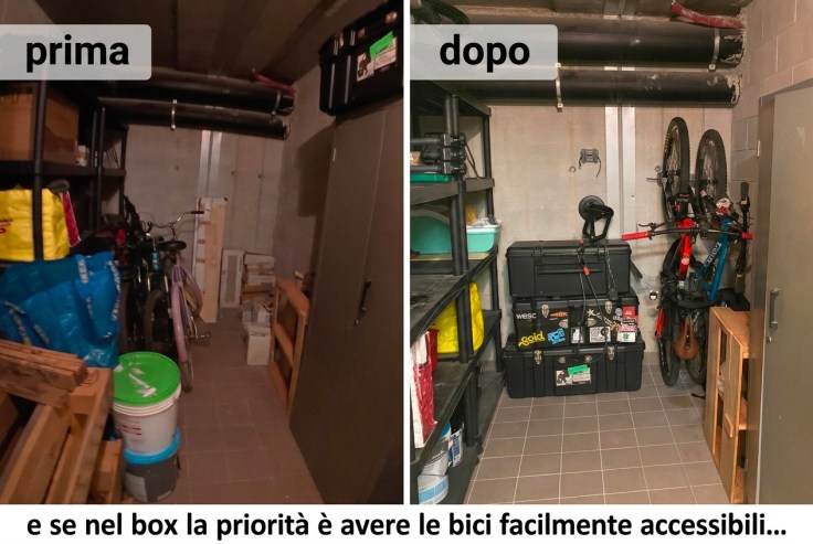 La cantina prima e dopo la riorganizzazione, con biciclette e oggetti distribuiti lungo il passaggio.