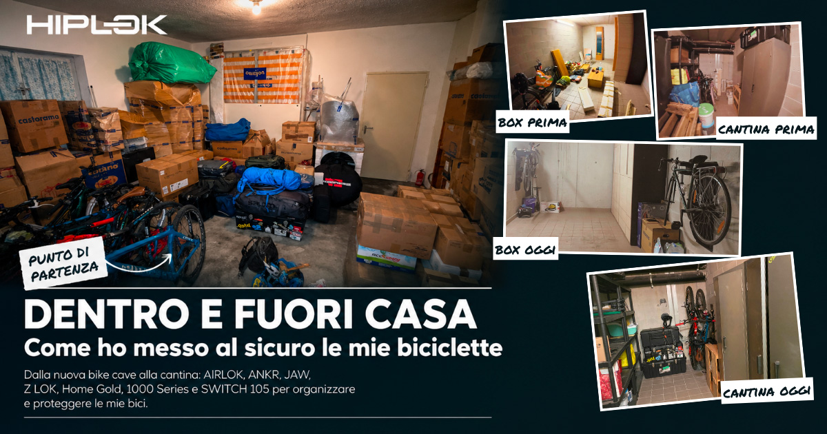 Bike cave prima della riorganizzazione, con biciclette e scatoloni nel box.