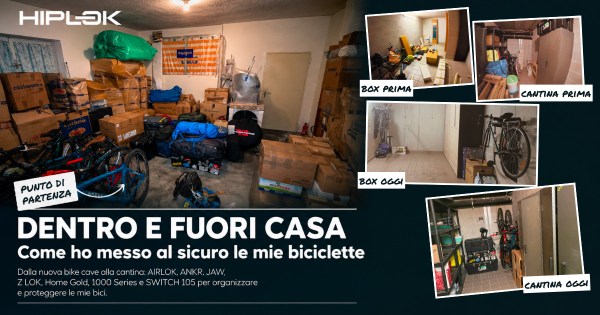 Bike cave prima della riorganizzazione, con biciclette e scatoloni nel box.